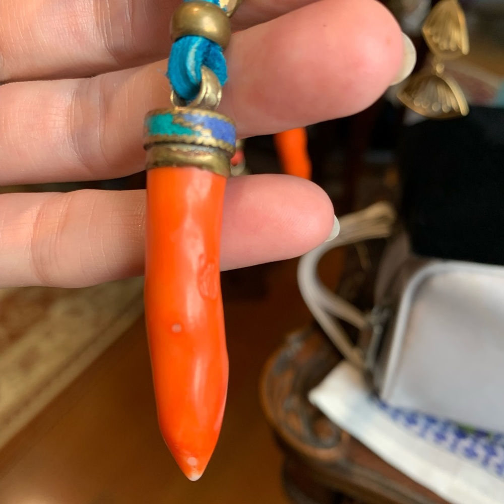 Tibetan Coral Stick Pendant with Brass Cap, Turquoise & Lapis Inlays